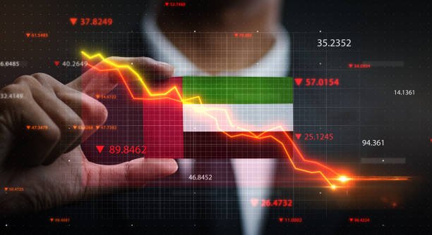 graph falling down in front of united arab emirates flag. crisis concept